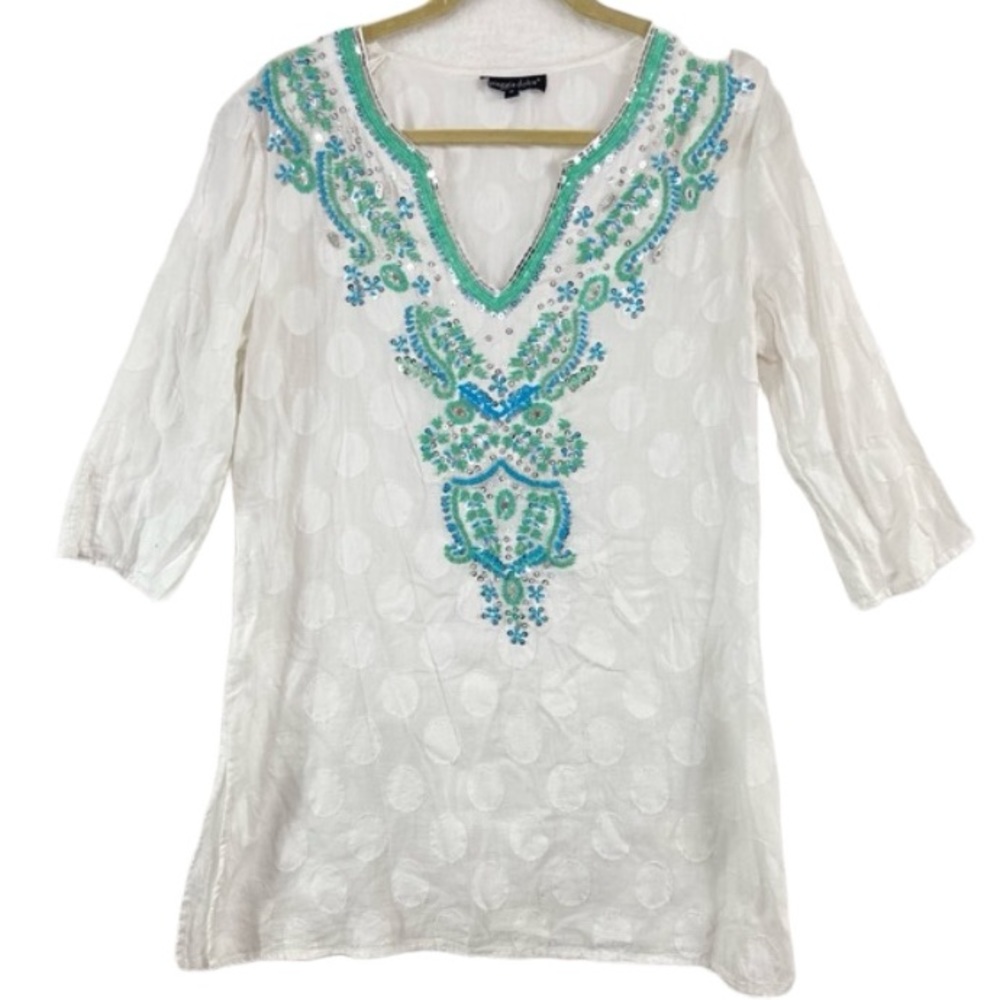 Spiaggia Dolce Womens Beaded Swim Cover Up White Teal turquoise Size small